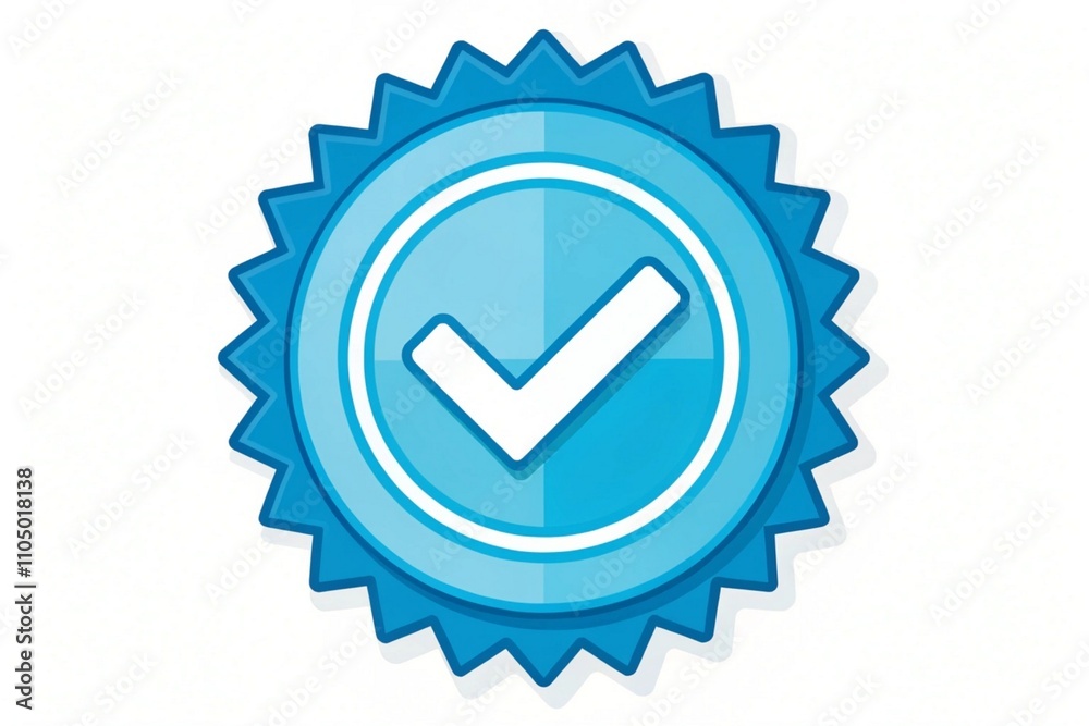 Blue circular badge, white checkmark, verification symbol, flat design Blue circular badge, white checkmark, verification symbol, flat design