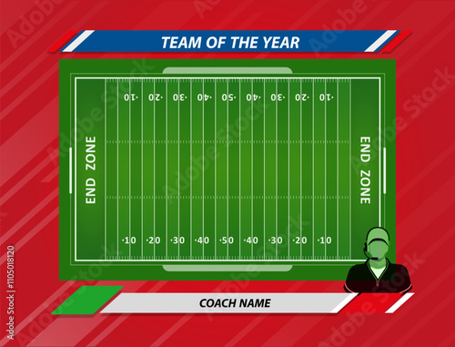 Vector of American football infographic elements on green field background.