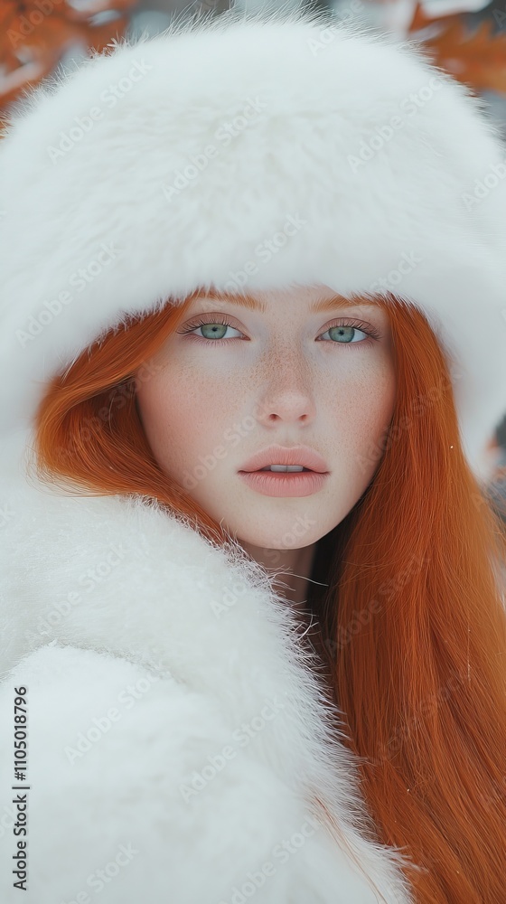 Portrait of a woman with red hair in a white fur coat, standing outdoors, capturing winter elegance and beauty. Portrait of a woman with red hair in a white fur coat, standing outdoors, capturing winter elegance and beauty.