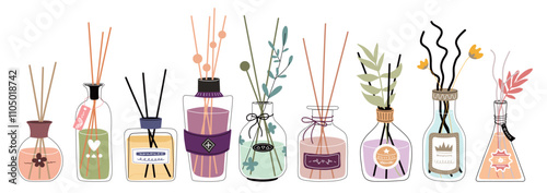 Set with cute illustrations of decorative reed diffuser bottles in various designs, adorned with floral elements and labels.