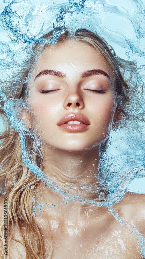 A peaceful woman with closed eyes is enveloped in a refreshing splash of clear blue water, conveying tranquility and purity. A peaceful woman with closed eyes is enveloped in a refreshing splash of clear blue water, conveying tranquility and purity.