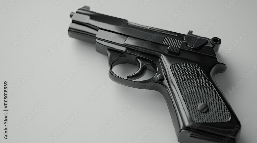 Portray a black 54 pistol resting diagonally with a slightly open magazine lying next to it on a white background. Emphasize the fine craftsmanship and attention to detail in the firearm components, Portray a black 54 pistol resting diagonally with a slightly open magazine lying next to it on a white background. Emphasize the fine craftsmanship and attention to detail in the firearm components,
