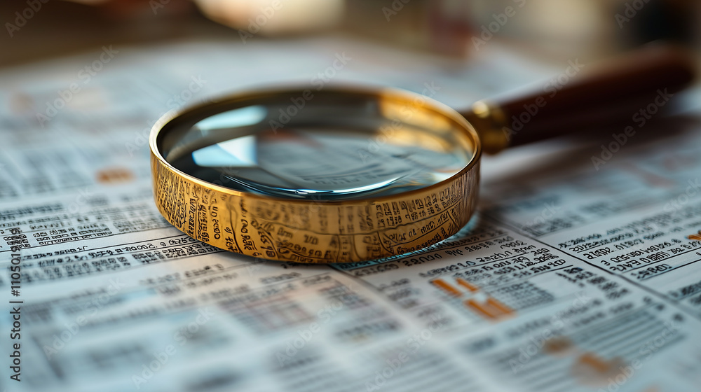 Magnifying glass focused on a financial document in a bright workspace Magnifying glass focused on a financial document in a bright workspace