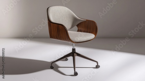 Showcase an ergonomic office chair made of dark walnut and crisp fabric, designed with a 5-wheel metal base for flexibility. The tone is lively yet subtle, blending naturally with the walnut wood. photo