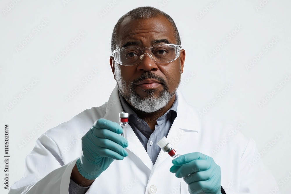 Scientist holds two vials, wearing gloves and safety glasses. Scientist holds two vials, wearing gloves and safety glasses.