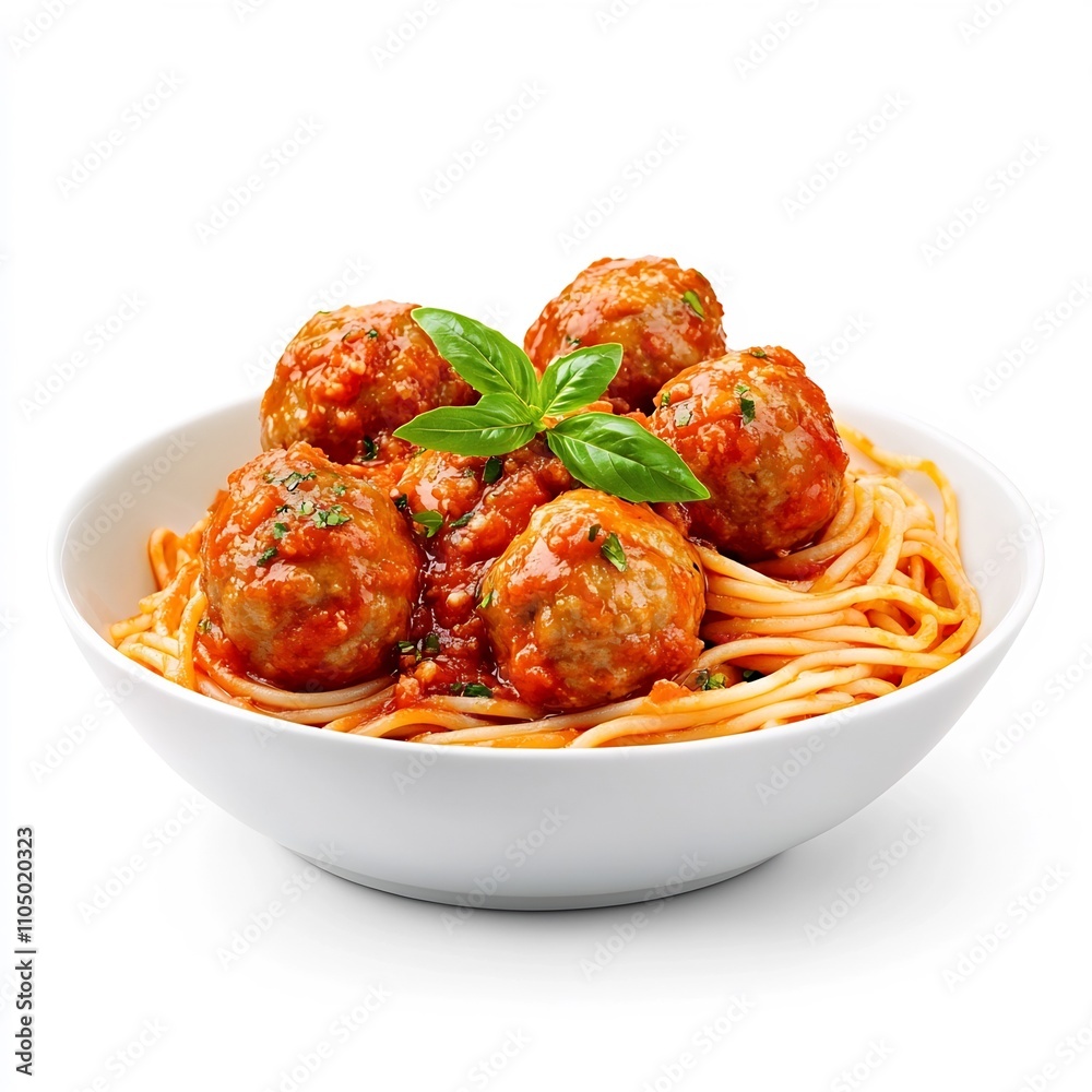 Delectable Spaghetti and Meatballs Dish on a White Background Delectable Spaghetti and Meatballs Dish on a White Background