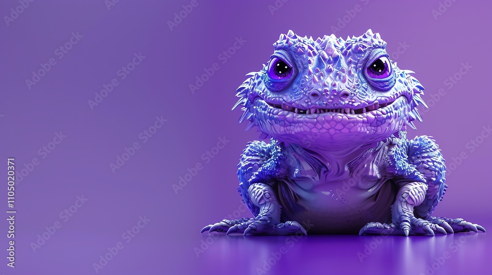 A 3D render of a purple, cartoon lizard with big eyes. A 3D render of a purple, cartoon lizard with big eyes.