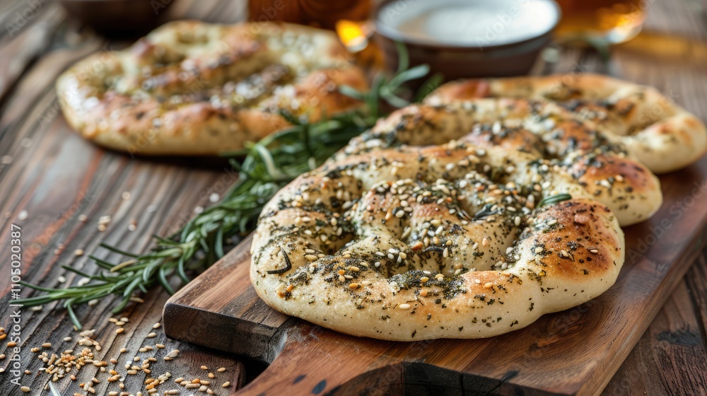 Mediterranean flatbread with zaatar and cheese on wooden table. Mediterranean flatbread with zaatar and cheese on wooden table.