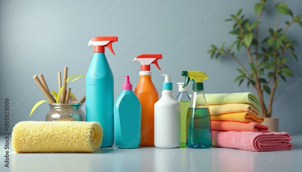 Cleaning supplies neatly arranged on a table in front of blue backgroundImage contains cleaning products, towels, and sticks Cleaning supplies neatly arranged on a table in front of blue backgroundImage contains cleaning products, towels, and sticks