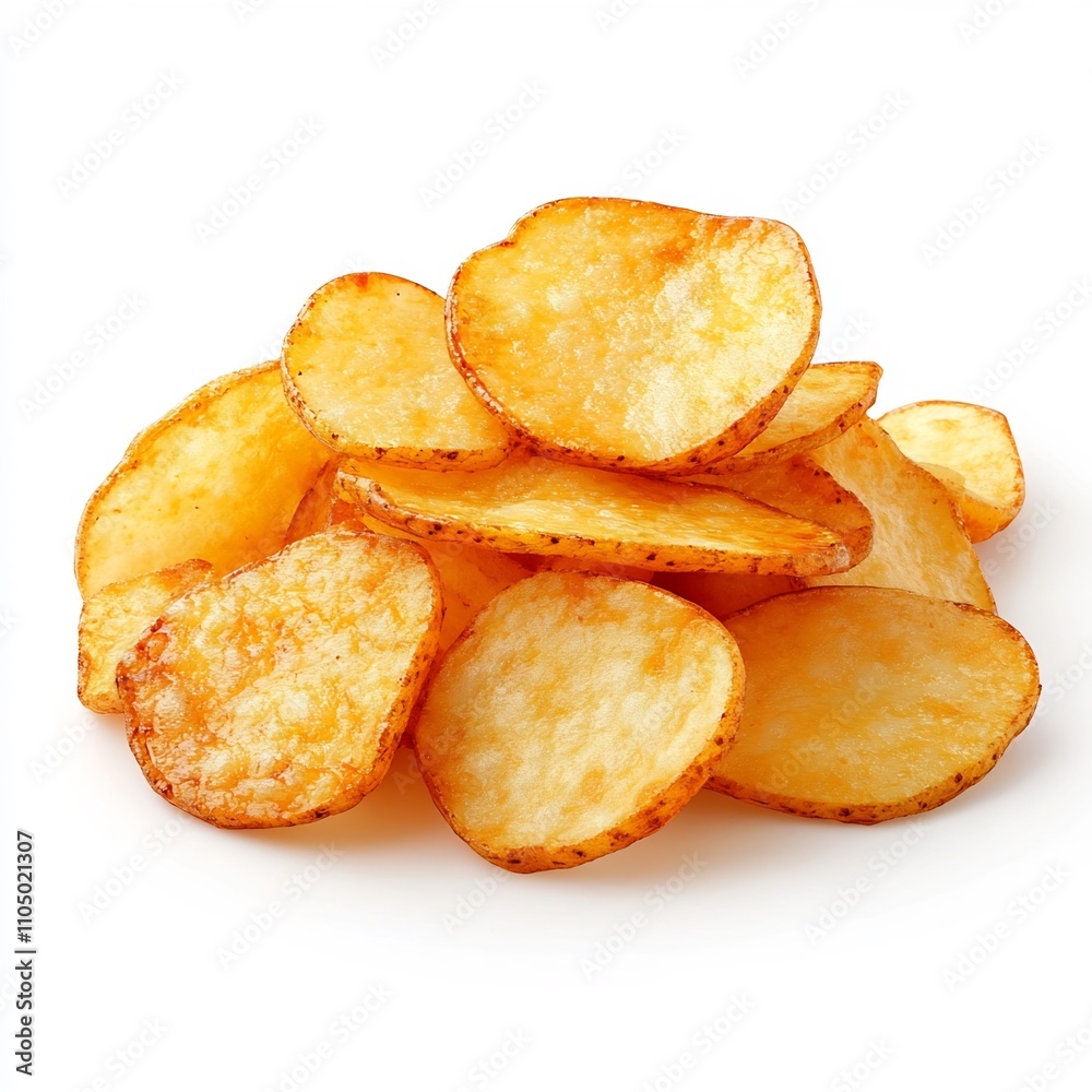 Macro Shot of Crisp and Delicious Potato Chips on White Background Macro Shot of Crisp and Delicious Potato Chips on White Background