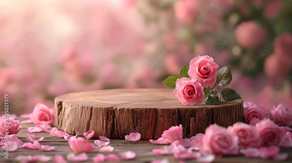 Pink Roses on Wooden Slice with Petals Pink Roses on Wooden Slice with Petals