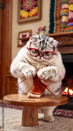 A cute cat with glasses knitting