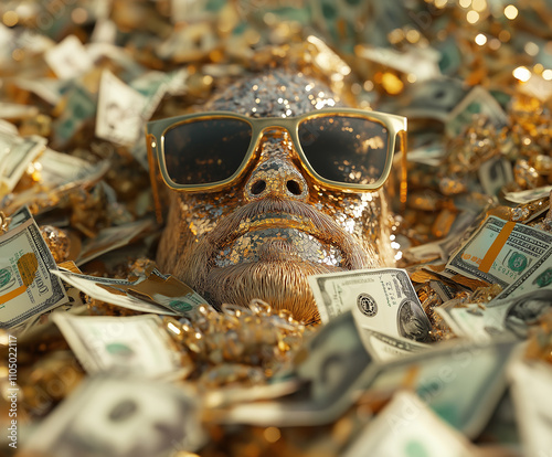 Economic windfall profit success concept. Golden figure among cash and riches