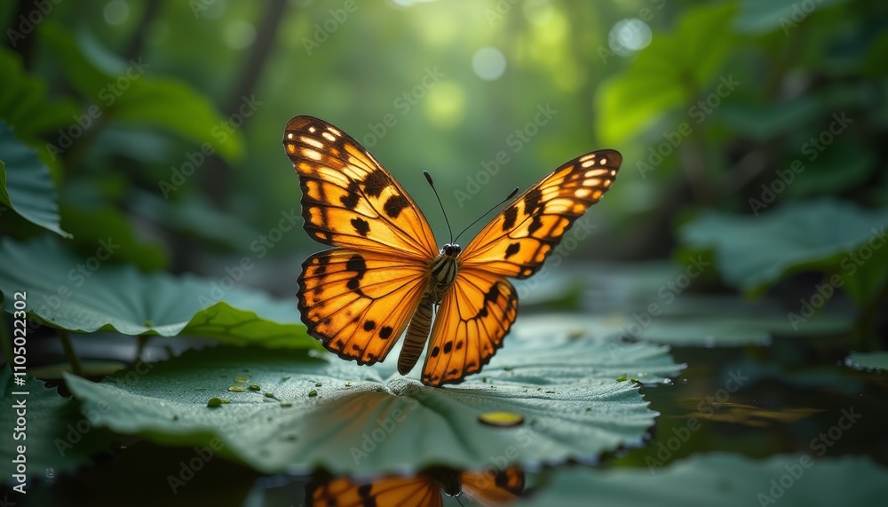Obraz premium Butterfly resting on lily pad in pond