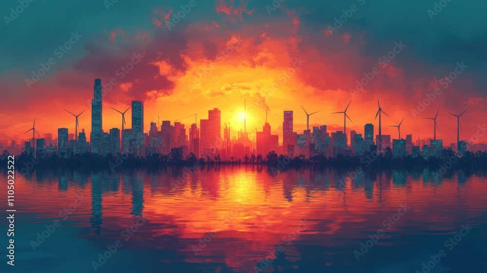A modern city skyline with wind turbines reflecting in the water at sunset. A modern city skyline with wind turbines reflecting in the water at sunset.