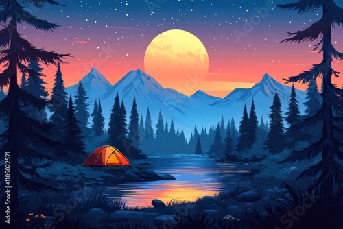 A lone tent sits on the edge of a tranquil lake surrounded by a dense forest and mountains. The sky is illuminated by a large moon and a smattering of stars. photo