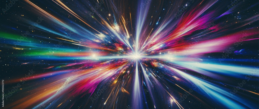 Fototapeta premium Explosion of colors radiating from a bright central point, resembling a cosmic event with streaks of red, blue, green, and purple