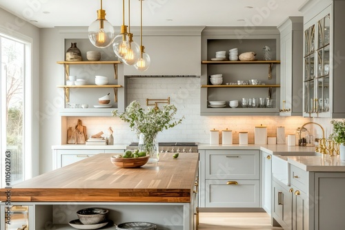 A bright kitchen with light gray cabinetry, glowing under-cabinet lighting, and a large wooden island, complemented by geometric shelving and brass pendant lights.