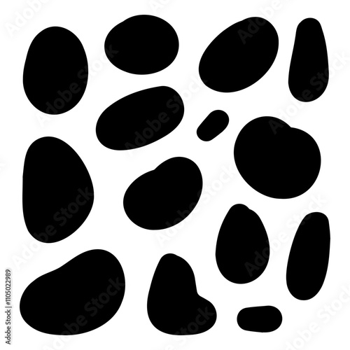 Random organic blobs, Random blots, ink blots, Spot shapes. Splash, spot chart. A drop of liquid, liquid. Pebbles, stone silhouettes.