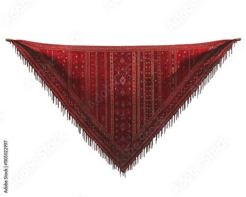a red and gold fringed shawl