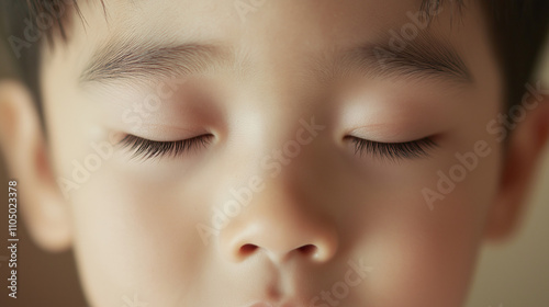 Close-up of the eyes of a small Chinese boy with his eyes closed