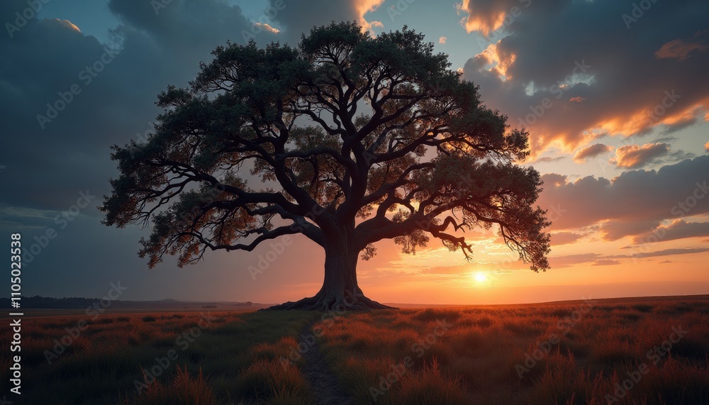 Naklejka premium Sunset silhouette of an old tree in a field