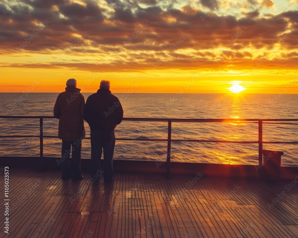Fototapeta premium Elderly Couple Gazing at Ocean Sunset from Ship Deck – Exploration and Connection in Golden Light