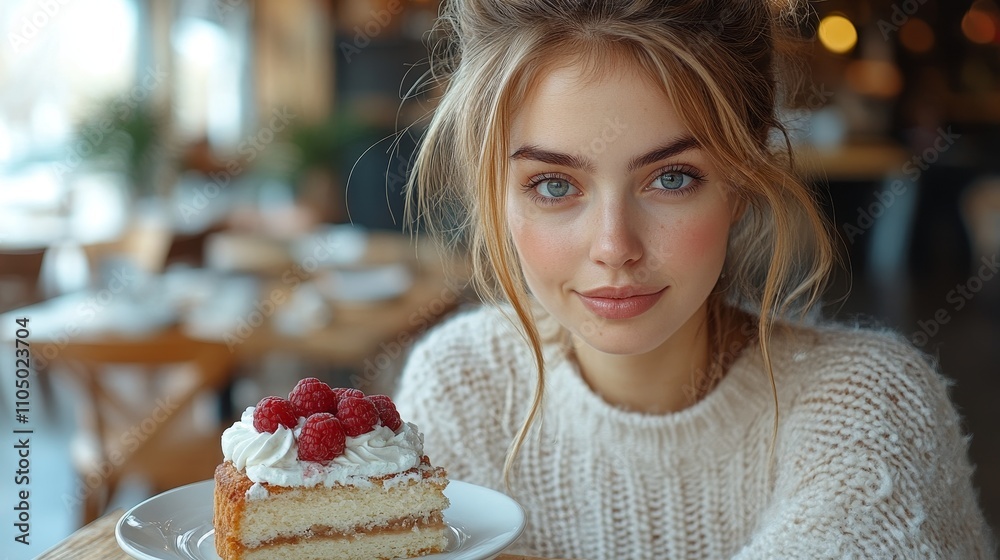 A cheerful woman in a cozy caf? savors a slice of raspberry-topped cake. Perfect for lifestyle and food content. A cheerful woman in a cozy caf? savors a slice of raspberry-topped cake. Perfect for lifestyle and food content.