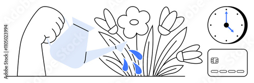 Hand pouring water on blooming flowers. Clock showing time. Credit card icon. Ideal for growth, financial planning, time management, investment, nurturing productivity personal development. Line