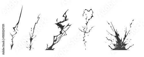 Lightning strike bolt silhouettes sequence vector illustration. Black thunderbolts and zippers are natural phenomena isolated on a dark background. Thunderstorm electric effect of light shining flash.