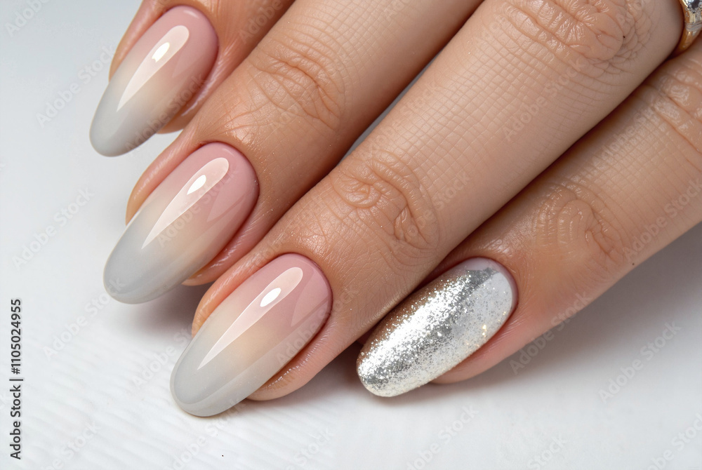 Gradient silver and nude ombre nail art Gradient silver and nude ombre nail art