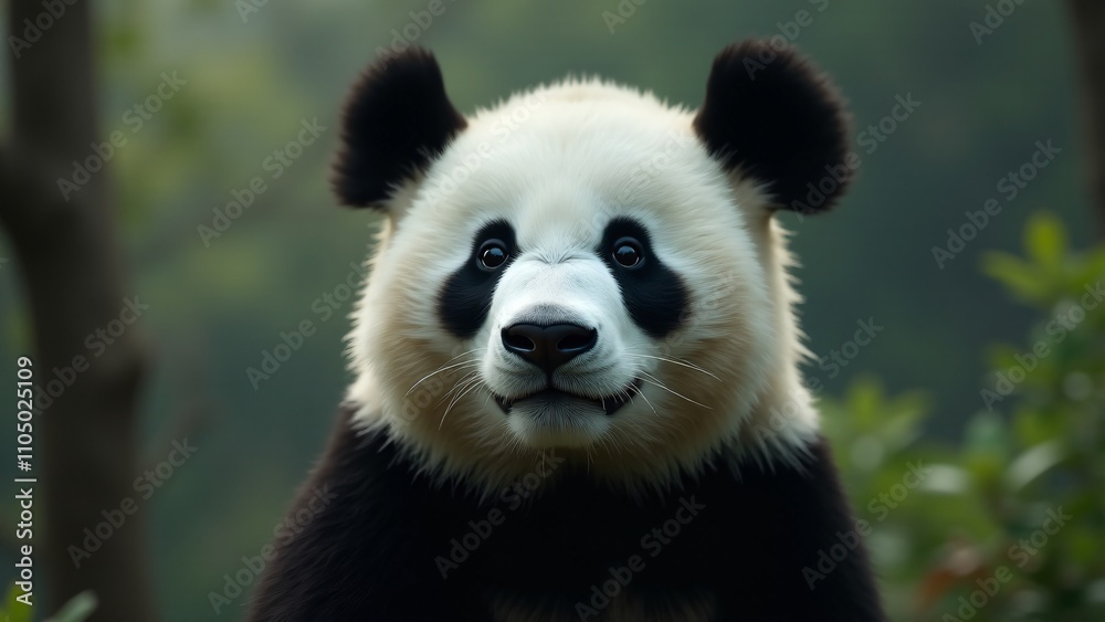 Create a captivating close-up of a giant panda, focusing on its black and white fur, gentle eyes, and playful expression. The background should be blurred, evoking serenity and warmth. Create a captivating close-up of a giant panda, focusing on its black and white fur, gentle eyes, and playful expression. The background should be blurred, evoking serenity and warmth.