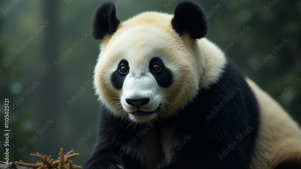 Create a captivating close-up of a giant panda, focusing on its black and white fur, gentle eyes, and playful expression. The background should be blurred, evoking serenity and warmth. Create a captivating close-up of a giant panda, focusing on its black and white fur, gentle eyes, and playful expression. The background should be blurred, evoking serenity and warmth.