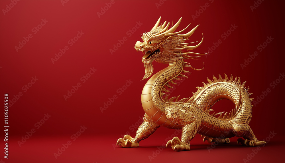 3D golden chinese dragon on red color background, space for copy 3D golden chinese dragon on red color background, space for copy