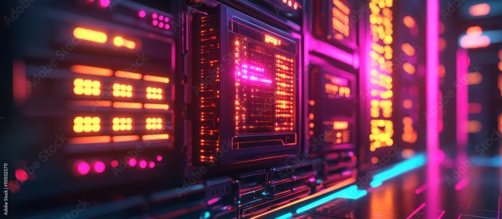 Futuristic server room with glowing lights. Futuristic server room with glowing lights.