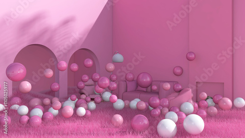 Colorful balloons flying in the room. 3D illustration, 3D rendering	