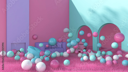 Colorful balloons flying in the room. 3D illustration, 3D rendering	