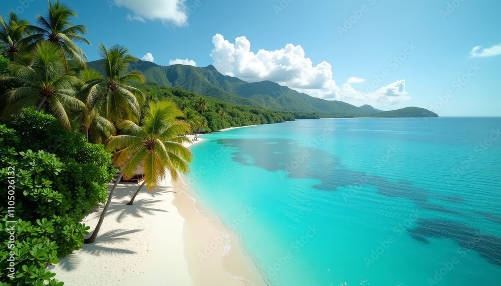 Tranquil beach with turquoise water and palm trees Tranquil beach with turquoise water and palm trees