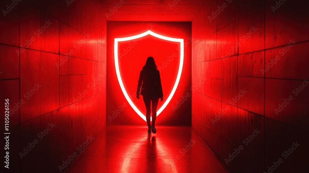 Fototapeta premium Silhouette of a person standing before a glowing red shield.