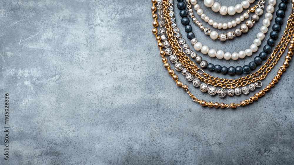 Recycle upcycling management concept. A collection of elegant necklaces featuring pearls and chains displayed on a textured gray background, highlighting their beauty and craftsmanship. Recycle upcycling management concept. A collection of elegant necklaces featuring pearls and chains displayed on a textured gray background, highlighting their beauty and craftsmanship.