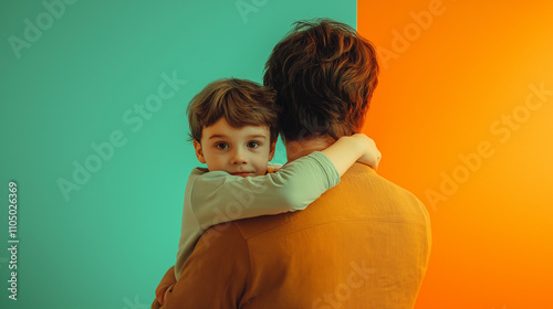 Dad is carrying a child in his arms, shot from the back, the child has his arms around his father's neck and is looking joyfully at the camera, studio photo, white background, green and orange shades