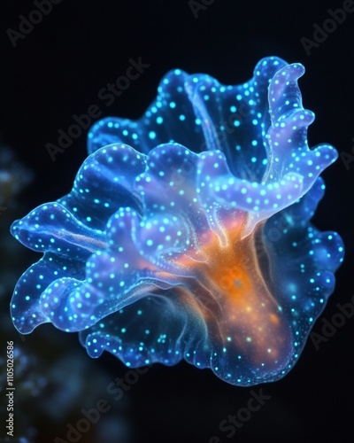 Enchanting Bioluminescent Sea Creature Vibrant Blues and Greens Illuminate the Deep Sea photo