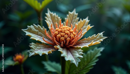 A yellow flower in the center of a plant with green leaves