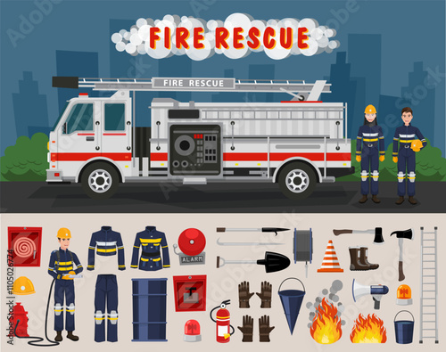 Fire truck side view and Firemans. Firefighter Vector Icons Set with Firefighters Equipment