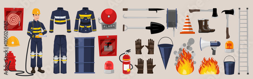 Profession Firefighter Vector Icons Set with Firefighters Equipment
