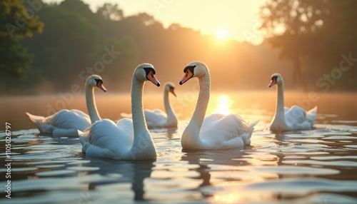 Fototapeta Naklejka Na Ścianę i Meble -  Peaceful sunset with swans on lake