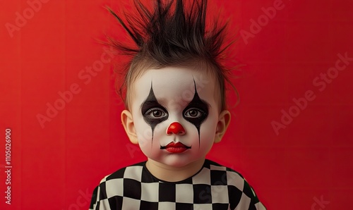 A cute toddler with a black mohawk hairstyle and clown makeup on their face is dressed in checkered red and black photo