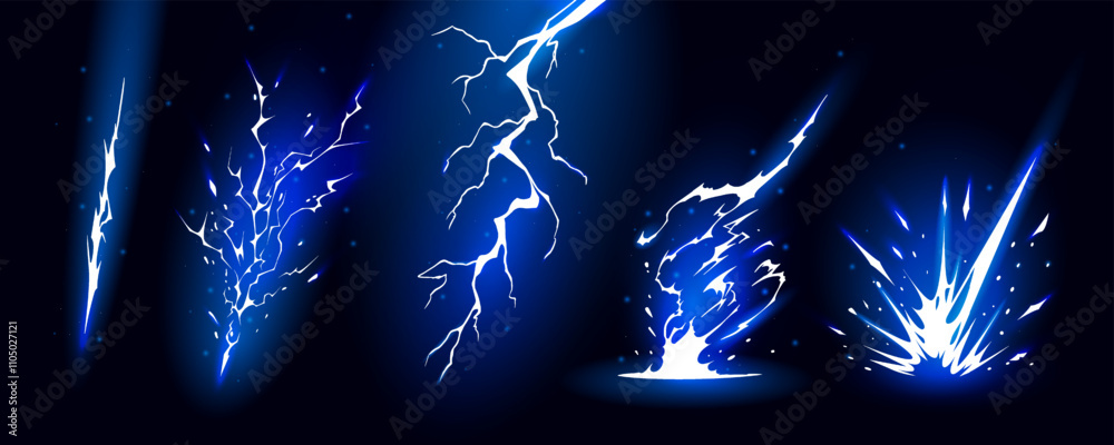 Lightning strike bolt silhouettes sequence vector illustration. Bright thunderbolts and zippers are natural phenomena isolated on a dark background. Thunderstorm electric effect of light shining flash
