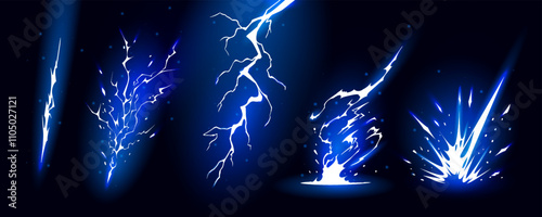 Lightning strike bolt silhouettes sequence vector illustration. Bright thunderbolts and zippers are natural phenomena isolated on a dark background. Thunderstorm electric effect of light shining flash