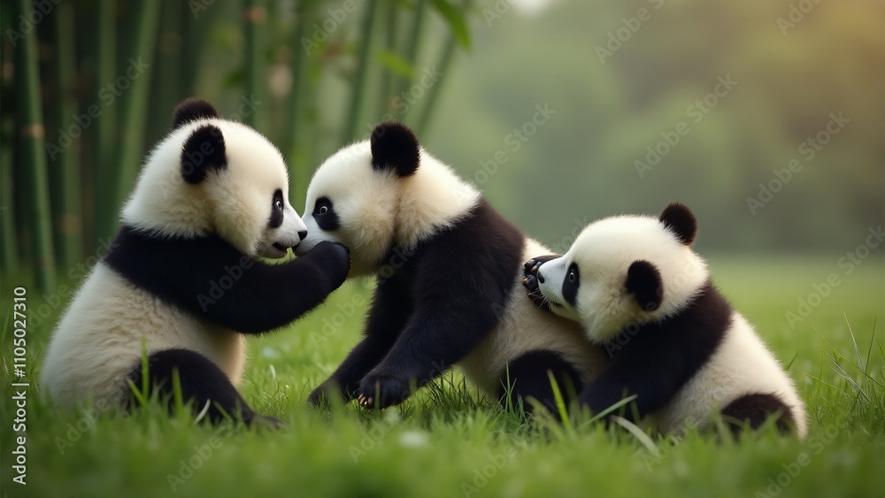 Fototapeta premium Capture the playful spirit of panda cubs climbing, rolling, and tumbling in a lush bamboo forest. Their innocent joy and energetic movements are illuminated by soft natural light.